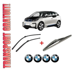 Set 3 stergatoare BMW Seria i3 (I01) din 2013, pentru parbriz si luneta fata si spate auto, Bosch Twin, din cauciuc siliconat rezistent, 4 Stickere Auto BMW
