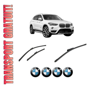 Set 3 stergatoare BMW Seria X1 Van (F48) din 2015-2022, pentru parbriz si luneta fata si spate auto, Bosch Aerotwin-Aerotwin, din cauciuc siliconat rezistent, 4 Stickere Auto BMW