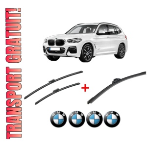 Set 3 stergatoare BMW Seria X3 Van (G01) din 2017 - 2019, pentru parbriz si luneta fata si spate auto, Bosch Aerotwin, din cauciuc siliconat rezistent, 4 Stickere Auto BMW