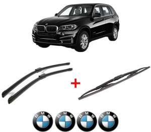Set 3 stergatoare BMW Seria X5 (F15, F85) din 2013 - 2018, pentru parbriz si luneta fata si spate auto, Bosch Twin, din cauciuc siliconat rezistent, 4 Stickere Auto BMW v9503