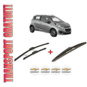 Set 3 stergatoare CHEVROLET SPARK (M300) din 2010, pentru parbriz si luneta fata si spate auto, Bosch Twin, din cauciuc siliconat rezistent, 4 Stickere Auto CHEVROLET
