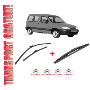 Set 3 stergatoare CITROEN BERLINGO / BERLINGO FIRST MPV (MF_, GJK_, GFK_) din 1996 - 2011, pentru parbriz si luneta fata si spate auto, Valeo Silencio, din cauciuc siliconat rezistent, 4 Stickere Auto CITROEN