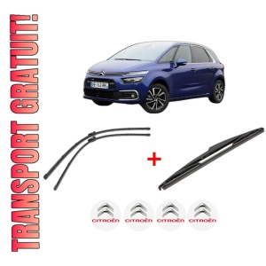 Set 3 stergatoare CITROEN C4 PICASSO II din 2013 - 2018, pentru parbriz si luneta fata si spate auto, Valeo Silencio, din cauciuc siliconat rezistent, 4 Stickere Auto CITROEN