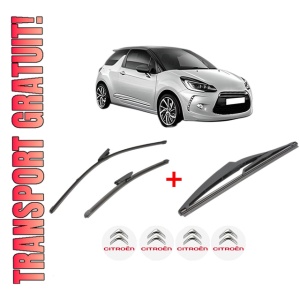 Set 3 stergatoare CITROEN DS3 (SA_) din 2009 - 2015, pentru parbriz si luneta fata si spate auto, Valeo Silencio, din cauciuc siliconat rezistent, 4 Stickere Auto CITROEN
