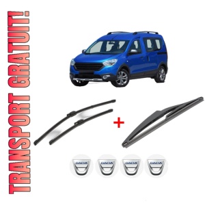 Set 3 stergatoare DACIA DOKKER MPV (KE_) din 2012 - 2021, pentru parbriz si luneta fata si spate auto, Valeo Silencio, din cauciuc siliconat rezistent, 4 Stickere Auto DACIA