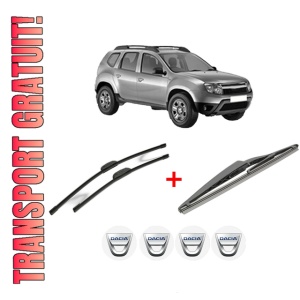 Set 3 stergatoare DACIA DUSTER (HS_) din 2010 - 2018, pentru parbriz si luneta fata si spate auto, Bosch Twin, din cauciuc siliconat rezistent, 4 Stickere Auto DACIA