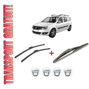 Set 3 stergatoare DACIA LOGAN MCV II din 2013, pentru parbriz si luneta fata si spate auto, Bosch Twin, din cauciuc siliconat rezistent, 4 Stickere Auto DACIA