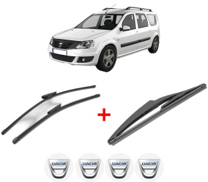 Set 3 stergatoare DACIA LOGAN MCV II din 2013, pentru parbriz si luneta fata si spate auto, Valeo Silencio, din cauciuc siliconat rezistent, 4 Stickere Auto DACIA v15202