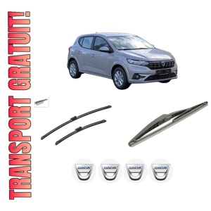 Set 3 stergatoare DACIA SANDERO III din 2021-2022, pentru parbriz si luneta fata si spate auto, Bosch Twin-Aerotwin, din cauciuc siliconat rezistent, 4 Stickere Auto DACIA