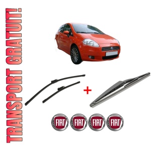 Set 3 stergatoare FIAT PUNTO (199_) din 2005 - 2015, pentru parbriz si luneta fata si spate auto, Bosch Twin, din cauciuc siliconat rezistent, 4 Stickere Auto FIAT
