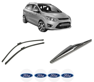 Set 3 stergatoare FORD C-MAX II (DXA/CB7, DXA/CEU) din 2010-2019, pentru parbriz si luneta fata si spate auto, Bosch Twin-Aerotwin, din cauciuc siliconat rezistent, 4 Stickere Auto FORD - Img 2