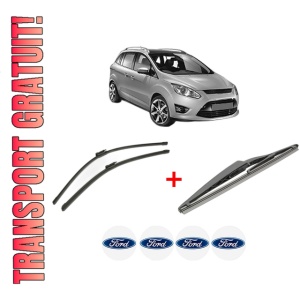 Set 3 stergatoare FORD C-MAX II (DXA/CB7, DXA/CEU) din 2010 - 2019, pentru parbriz si luneta fata si spate auto, Bosch Twin, din cauciuc siliconat rezistent, 4 Stickere Auto FORD