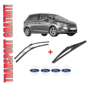 Set 3 stergatoare FORD C-MAX II Van din 2010 - 2019, pentru parbriz si luneta fata si spate auto, Valeo Silencio, din cauciuc siliconat rezistent, 4 Stickere Auto FORD