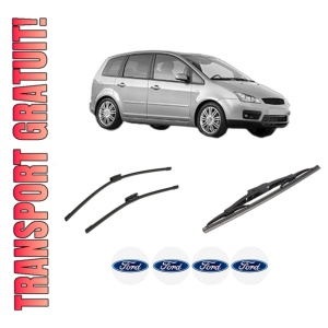 Set 3 stergatoare FORD FOCUS C-MAX (DM2) din 2003-2007, pentru parbriz si luneta fata si spate auto, Bosch Twin-Aerotwin Multi, din cauciuc siliconat rezistent, 4 Stickere Auto FORD