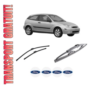Set 3 stergatoare FORD FOCUS I (DAW, DBW) din 1998-2007, pentru parbriz si luneta fata si spate auto, Bosch Twin-Aerotwin, din cauciuc siliconat rezistent, 4 Stickere Auto FORD
