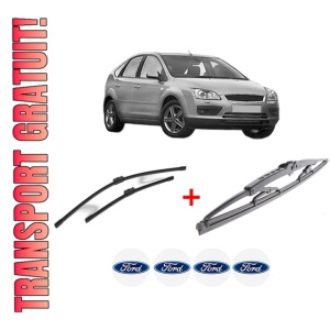 Set 3 stergatoare FORD FOCUS II (DA_, HCP, DP) din 2004 - 2012, pentru parbriz si luneta fata si spate auto, Bosch Twin, din cauciuc siliconat rezistent, 4 Stickere Auto FORD