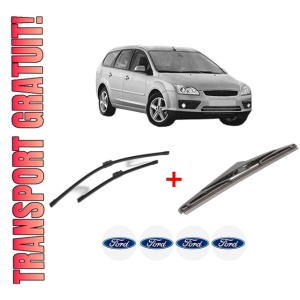 Set 3 stergatoare FORD FOCUS II Turnier (DA_, FFS, DS) din 2004 - 2012, pentru parbriz si luneta fata si spate auto, Bosch Twin, din cauciuc siliconat rezistent, 4 Stickere Auto FORD