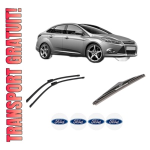 Set 3 stergatoare FORD FOCUS III Saloon din 2010-2020, pentru parbriz si luneta fata si spate auto, Bosch Twin-Aerotwin Multi, din cauciuc siliconat rezistent, 4 Stickere Auto FORD