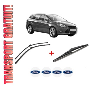 Set 3 stergatoare FORD FOCUS III Turnier din 2010 - 2020, pentru parbriz si luneta fata si spate auto, Valeo Silencio, din cauciuc siliconat rezistent, 4 Stickere Auto FORD