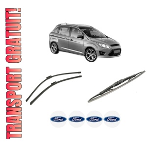 Set 3 stergatoare FORD GRAND C-MAX (DXA/CB7, DXA/CEU) din 2010-2019, pentru parbriz si luneta fata si spate auto, Bosch Twin-Aerotwin, din cauciuc siliconat rezistent, 4 Stickere Auto FORD
