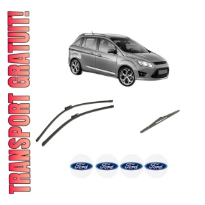 Set 3 stergatoare FORD GRAND C-MAX (DXA/CB7, DXA/CEU) din 2010-2019, pentru parbriz si luneta fata si spate auto, Bosch Twin-Aerotwin, din cauciuc siliconat rezistent, 4 Stickere Auto FORD