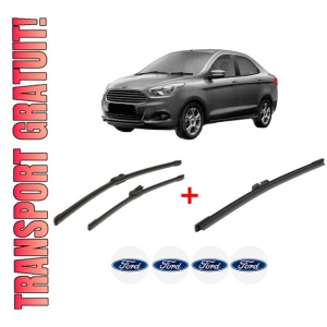 Set 3 stergatoare FORD KA+ III Saloon (TK, FK) din 2016, pentru parbriz si luneta fata si spate auto, Bosch Aerotwin, din cauciuc siliconat rezistent, 4 Stickere Auto FORD
