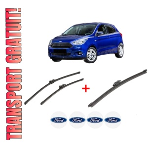 Set 3 stergatoare FORD KA+ III (UK, FK) din 2016, pentru parbriz si luneta fata si spate auto, Valeo Silencio, din cauciuc siliconat rezistent, 4 Stickere Auto FORD