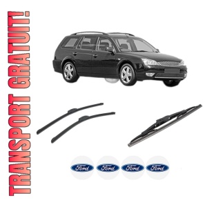 Set 3 stergatoare FORD MONDEO III Turnier (BWY) din 2000-2007, pentru parbriz si luneta fata si spate auto, Bosch Twin-Aerotwin Retrofit, din cauciuc siliconat rezistent, 4 Stickere Auto FORD