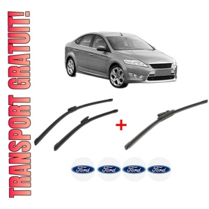 Set 3 stergatoare FORD MONDEO IV Saloon (BA7) din 2008 - 2014, pentru parbriz si luneta fata si spate auto, Bosch Aerotwin, din cauciuc siliconat rezistent, 4 Stickere Auto FORD