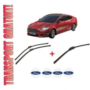 Set 3 stergatoare FORD MONDEO V Hatchback (CE) din 2014, pentru parbriz si luneta fata si spate auto, Bosch Aerotwin, din cauciuc siliconat rezistent, 4 Stickere Auto FORD