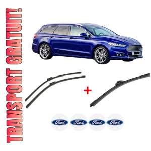 Set 3 stergatoare FORD MONDEO V Turnier (CF) din 2014, pentru parbriz si luneta fata si spate auto, Bosch Aerotwin, din cauciuc siliconat rezistent, 4 Stickere Auto FORD