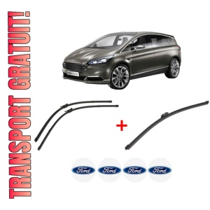 Set 3 stergatoare FORD S-MAX (CJ, WA6) din 2015 - 2018, pentru parbriz si luneta fata si spate auto, Valeo Silencio Xtrm, din cauciuc siliconat rezistent, 4 Stickere Auto FORD
