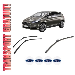 Set 3 stergatoare FORD S-MAX (CJ, WA6) din 2015-2021, pentru parbriz si luneta fata si spate auto, Bosch Aerotwin-Aerotwin, din cauciuc siliconat rezistent, 4 Stickere Auto FORD
