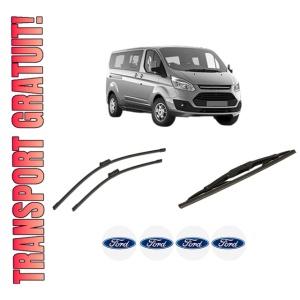 Set 3 stergatoare FORD TOURNEO CUSTOM V362 Bus (F3) din 2012-2023, pentru parbriz si luneta fata si spate auto, Bosch Twin-Aerotwin, din cauciuc siliconat rezistent, 4 Stickere Auto FORD