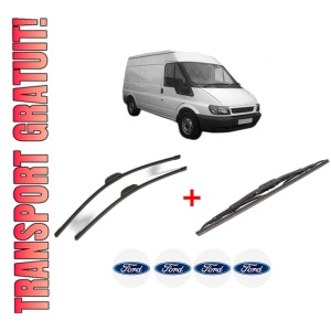 Set 3 stergatoare FORD TRANSIT Van (FA_ _) din 2000 - 2014, pentru parbriz si luneta fata si spate auto, Bosch Twin, din cauciuc siliconat rezistent, 4 Stickere Auto FORD