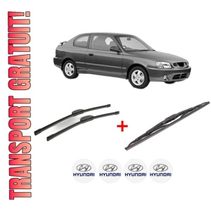 Set 3 stergatoare HYUNDAI ACCENT II (LC) din 1999 - 2005, pentru parbriz si luneta fata si spate auto, Bosch Twin, din cauciuc siliconat rezistent, 4 Stickere Auto HYUNDAI