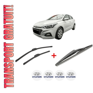 Set 3 stergatoare HYUNDAI i20 II Hatchback Van (GB, IB) din 2015 - 2021, pentru parbriz si luneta fata si spate auto, Bosch Twin, din cauciuc siliconat rezistent, 4 Stickere Auto HYUNDAI