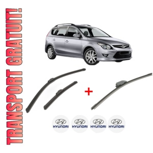 Set 3 stergatoare HYUNDAI i30 Estate (GD) din 2012 - 2017, pentru parbriz si luneta fata si spate auto, Bosch Aerotwin, din cauciuc siliconat rezistent, 4 Stickere Auto HYUNDAI