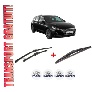 Set 3 stergatoare HYUNDAI i30 (PDE, PD, PDEN) din 2016 - 2020, pentru parbriz si luneta fata si spate auto, Bosch Twin, din cauciuc siliconat rezistent, 4 Stickere Auto HYUNDAI
