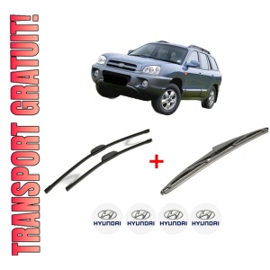 Set 3 stergatoare HYUNDAI SANTA FÉ II SUV Van (CM) din 2005 - 2013, pentru parbriz si luneta fata si spate auto, Bosch Twin, din cauciuc siliconat rezistent, 4 Stickere Auto HYUNDAI