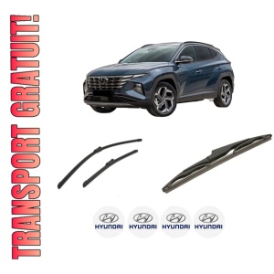 Set 3 stergatoare HYUNDAI TUCSON (NX4E, NX4A) din 2020-2024, pentru parbriz si luneta fata si spate auto, Bosch Twin-Aerotwin, din cauciuc siliconat rezistent, 4 Stickere Auto HYUNDAI