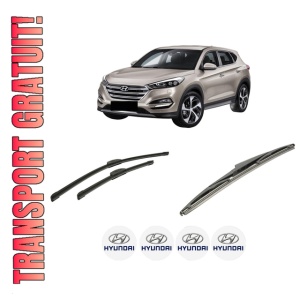 Set 3 stergatoare HYUNDAI TUCSON SUV Van (TLE) din 2015-2020, pentru parbriz si luneta fata si spate auto, Bosch Twin-Aerotwin Retrofit, din cauciuc siliconat rezistent, 4 Stickere Auto HYUNDAI