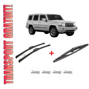 Set 3 stergatoare JEEP COMMANDER VAN (XH) din 2005 - 2010, pentru parbriz si luneta fata si spate auto, Bosch Twin, din cauciuc siliconat rezistent, 4 Stickere Auto JEEP