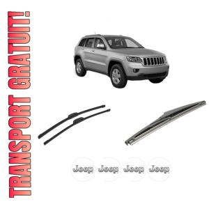Set 3 stergatoare JEEP GRAND CHEROKEE IV (WK, WK2) din 2010-2017, pentru parbriz si luneta fata si spate auto, Bosch Twin-Aerotwin Retrofit, din cauciuc siliconat rezistent, 4 Stickere Auto JEEP