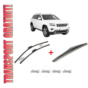 Set 3 stergatoare JEEP GRAND CHEROKEE VAN (WK2) din 2013, pentru parbriz si luneta fata si spate auto, Bosch Twin, din cauciuc siliconat rezistent, 4 Stickere Auto JEEP