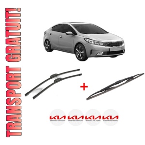 Set 3 stergatoare KIA CERATO IV Saloon (BD, BDM) din 2018, pentru parbriz si luneta fata si spate auto, Bosch Twin, din cauciuc siliconat rezistent, 4 Stickere Auto KIA