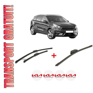 Set 3 stergatoare KIA NIRO I (DE) din 2016 - 2022, pentru parbriz si luneta fata si spate auto, Bosch Aerotwin, din cauciuc siliconat rezistent, 4 Stickere Auto KIA