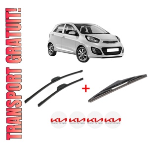 Set 3 stergatoare KIA PICANTO II (TA) din 2011 - 2017, pentru parbriz si luneta fata si spate auto, Bosch Twin, din cauciuc siliconat rezistent, 4 Stickere Auto KIA