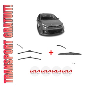 Set 3 stergatoare KIA RIO III Hatchback Van (UB) din 2011 - 2017, pentru parbriz si luneta fata si spate auto, Valeo Silencio, din cauciuc siliconat rezistent, 4 Stickere Auto KIA