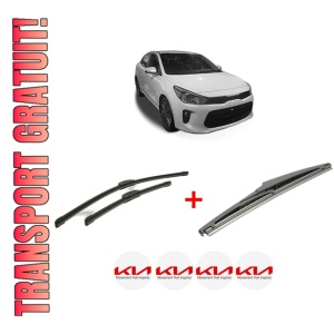 Set 3 stergatoare KIA RIO IV (YB, SC, FB) din 2017 - 2023, pentru parbriz si luneta fata si spate auto, Bosch Twin, din cauciuc siliconat rezistent, 4 Stickere Auto KIA
